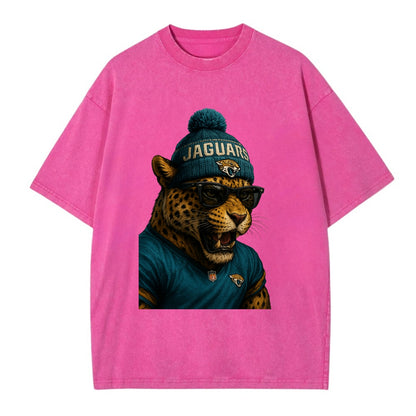 Jacksonville Jaguar wearing Jaguars teal and gold beanie with pom pom and - Vintage T-shirt - Dusty Rose(Rose)