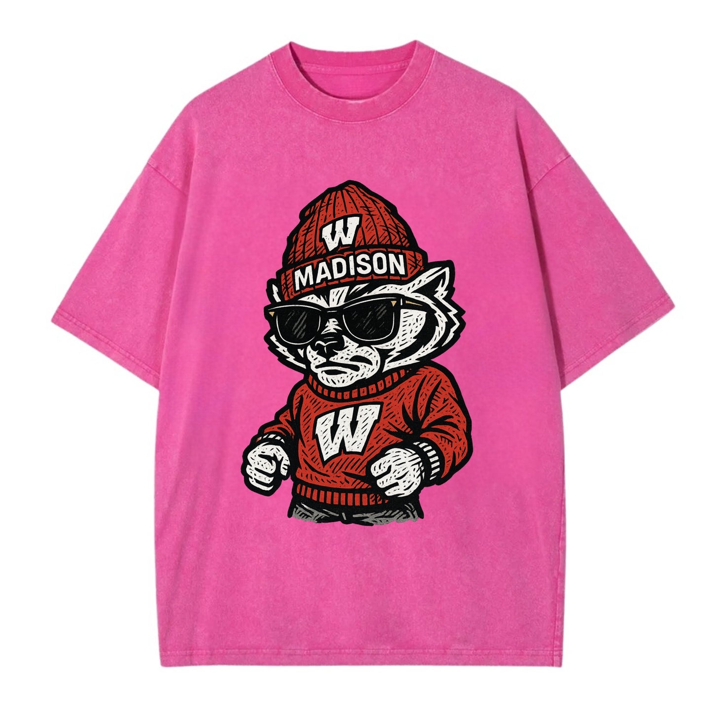 Madison Badger wearing Wisconsin beanie with motion W patch - Vintage T-shirt - Dusty Rose(Rose)