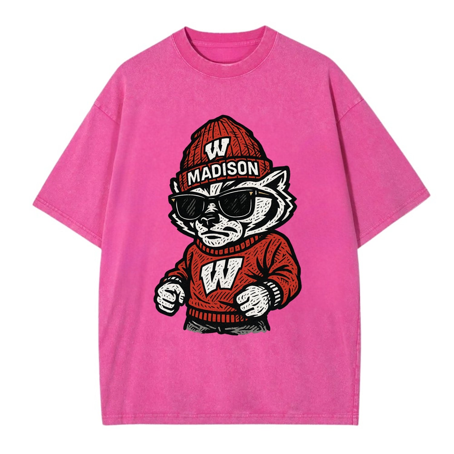 Madison Badger wearing Wisconsin beanie with motion W patch - Vintage T-shirt - Dusty Rose(Rose)
