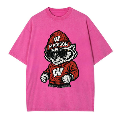 Madison Badger wearing Wisconsin beanie with motion W patch - Vintage T-shirt - Dusty Rose(Rose)