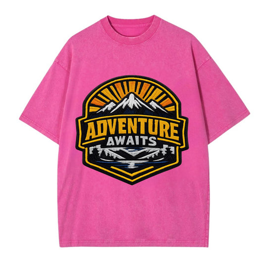 ADVENTURE AWAITS - mountain sunrise with text in gold and blue , wanderlust - Vintage T-shirt - Dusty Rose(Rose)