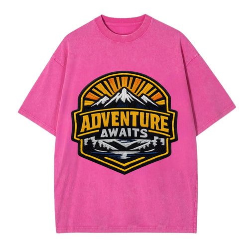 ADVENTURE AWAITS - mountain sunrise with text in gold and blue , wanderlust - Vintage T-shirt