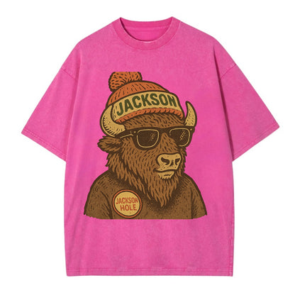 Jackson Hole Bison wearing Jackson beanie with pom pom and wayfarer sunglasses - Vintage T-shirt - Dusty Rose(Rose)