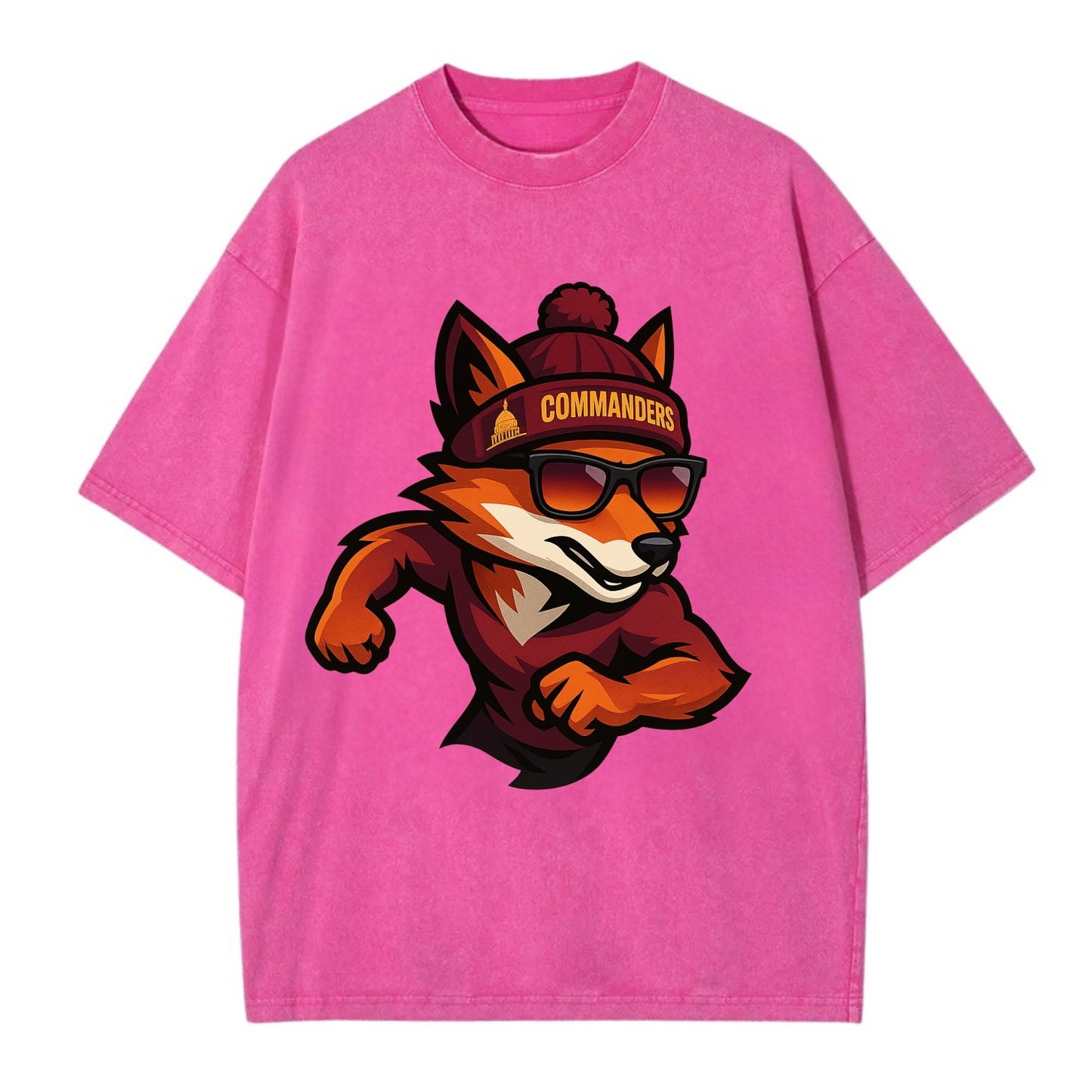Washington Fox wearing Commanders beanie with Capitol patch and wayfarer - Vintage T-shirt - Dusty Rose(Rose)