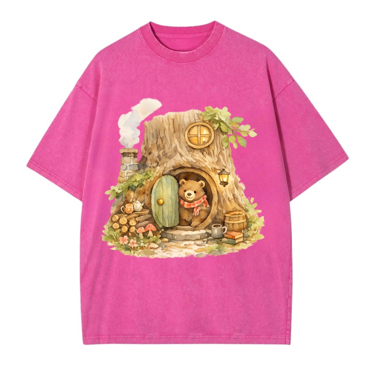 TREE HOME | Bear's home in hollow tree | Round door | Chimney smoke | Woodland - Vintage T-shirt - Dusty Rose(Rose)