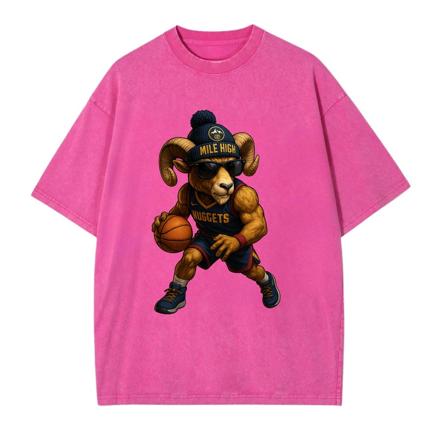 Mile High Bighorn wearing Nuggets beanie with mountain patch and wayfarer - Vintage T-shirt - Dusty Rose(Rose)