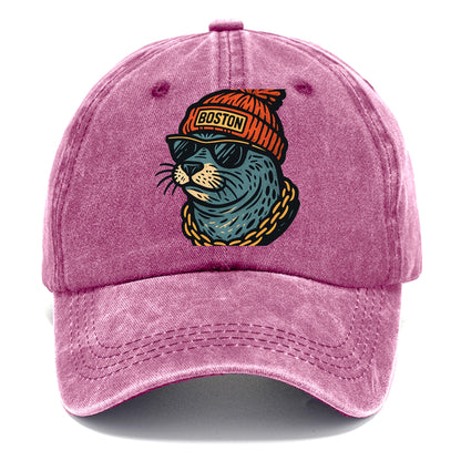 Boston Harbor Seal wearing Boston beanie with pom pom and wayfarer sunglasses - Classic Cap - Dusty Rose(Rose)