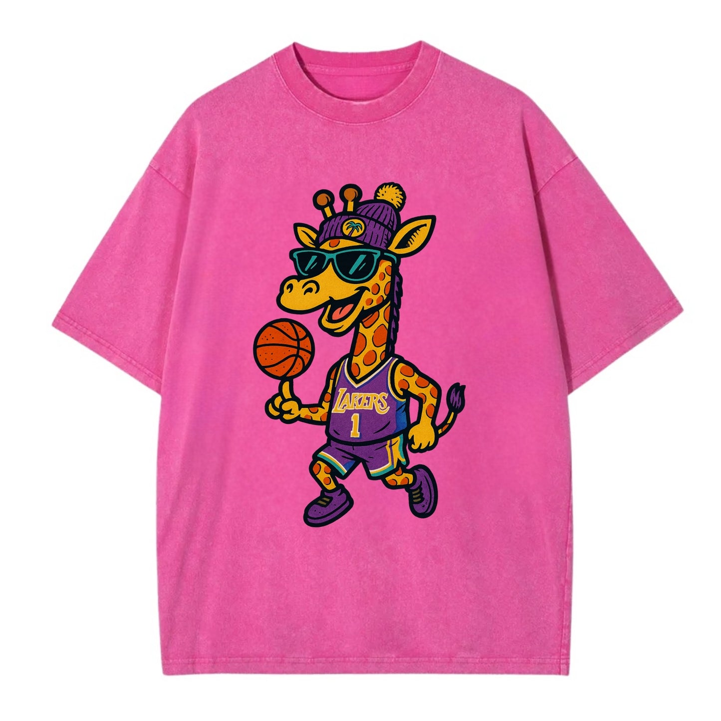 California Giraffe wearing Lakers beanie with palm tree patch and wayfarer - Vintage T-shirt - Dusty Rose(Rose)