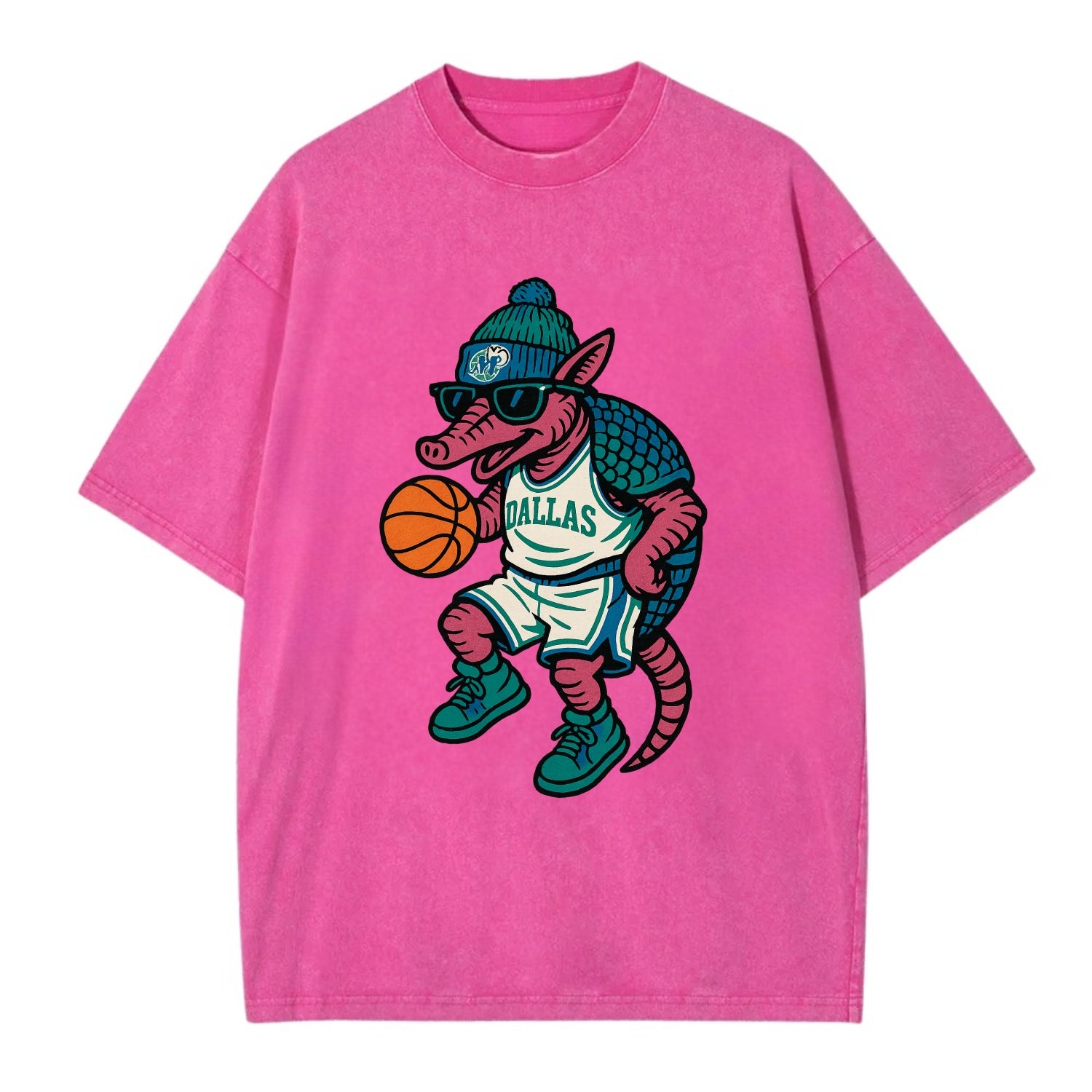 Dallas Armadillo wearing Mavericks beanie with cowboy hat patch and wayfarer - Vintage T-shirt - Dusty Rose(Rose)