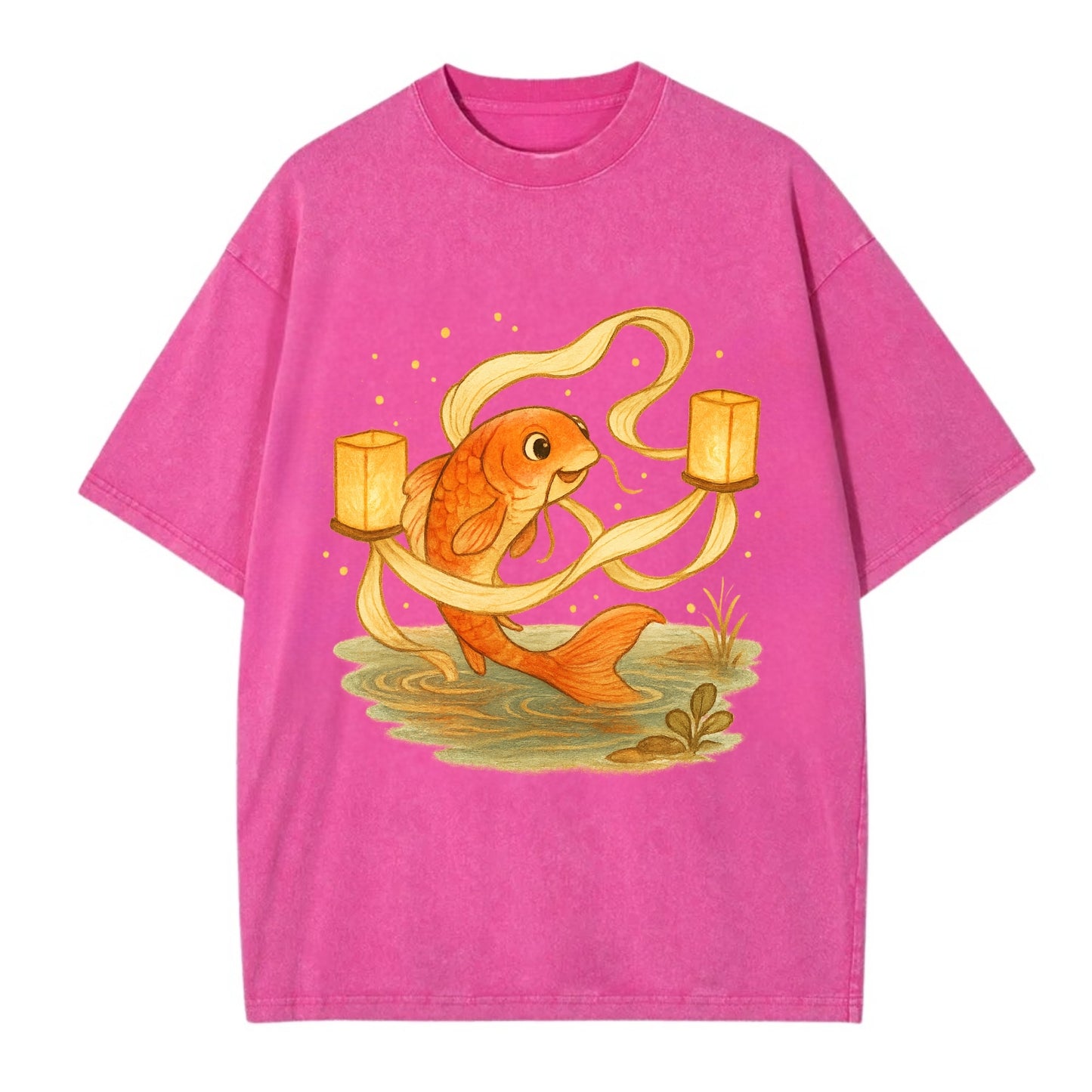 Koi weaving silk streamers through floating lanterns on tranquil water - Vintage T-shirt - Dusty Rose(Rose)