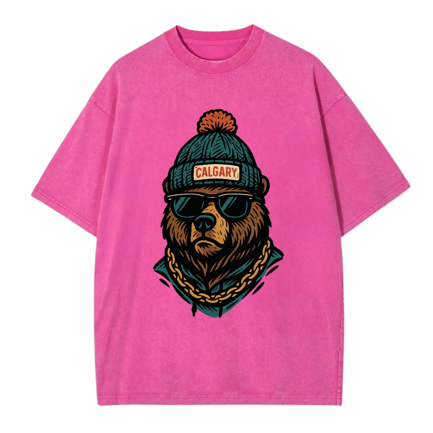 Calgary Grizzly Bear wearing Calgary beanie with pom pom and wayfarer sunglasses - Vintage T-shirt - Dusty Rose(Rose)
