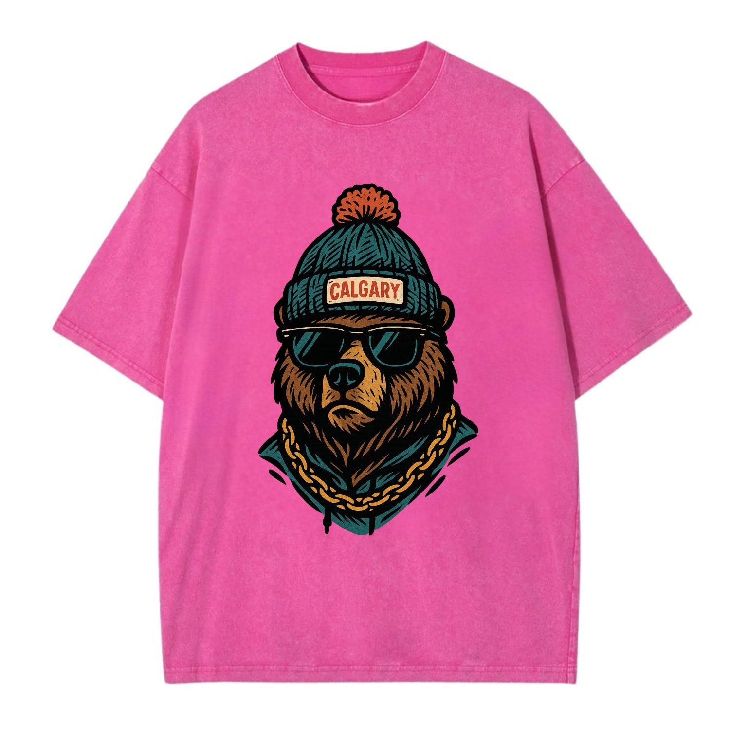 Calgary Grizzly Bear wearing Calgary beanie with pom pom and wayfarer sunglasses - Vintage T-shirt - Dusty Rose(Rose)