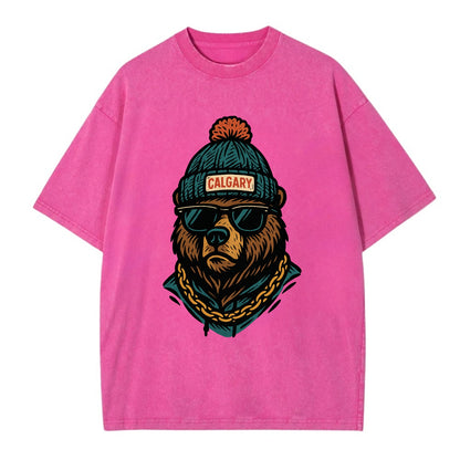 Calgary Grizzly Bear wearing Calgary beanie with pom pom and wayfarer sunglasses - Vintage T-shirt - Dusty Rose(Rose)