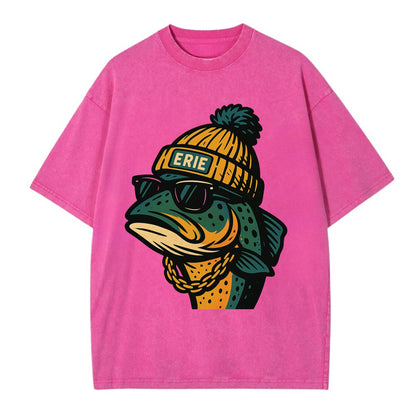 Erie Lake Trout wearing Erie beanie with pom pom and wayfarer sunglasses - Vintage T-shirt - Dusty Rose(Rose)