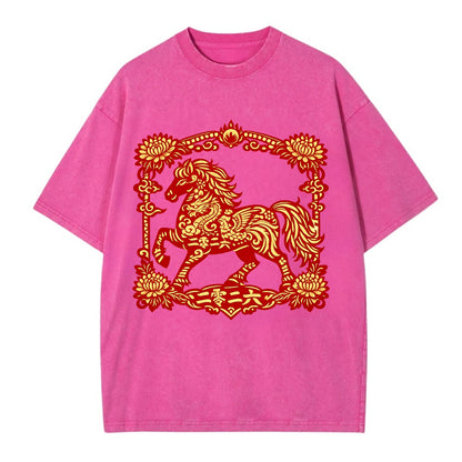 HORSE | Silk style horse design | Gold and silver thread appearance | Phoenix and - Vintage T-shirt - Dusty Rose(Rose)