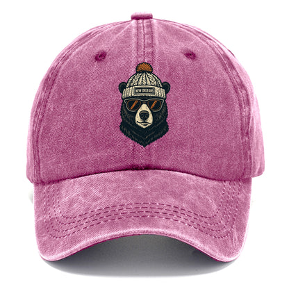 Louisiana Black Bear wearing New Orleans beanie with pom pom and wayfarer sunglasses - Classic Cap - Dusty Rose(Rose)