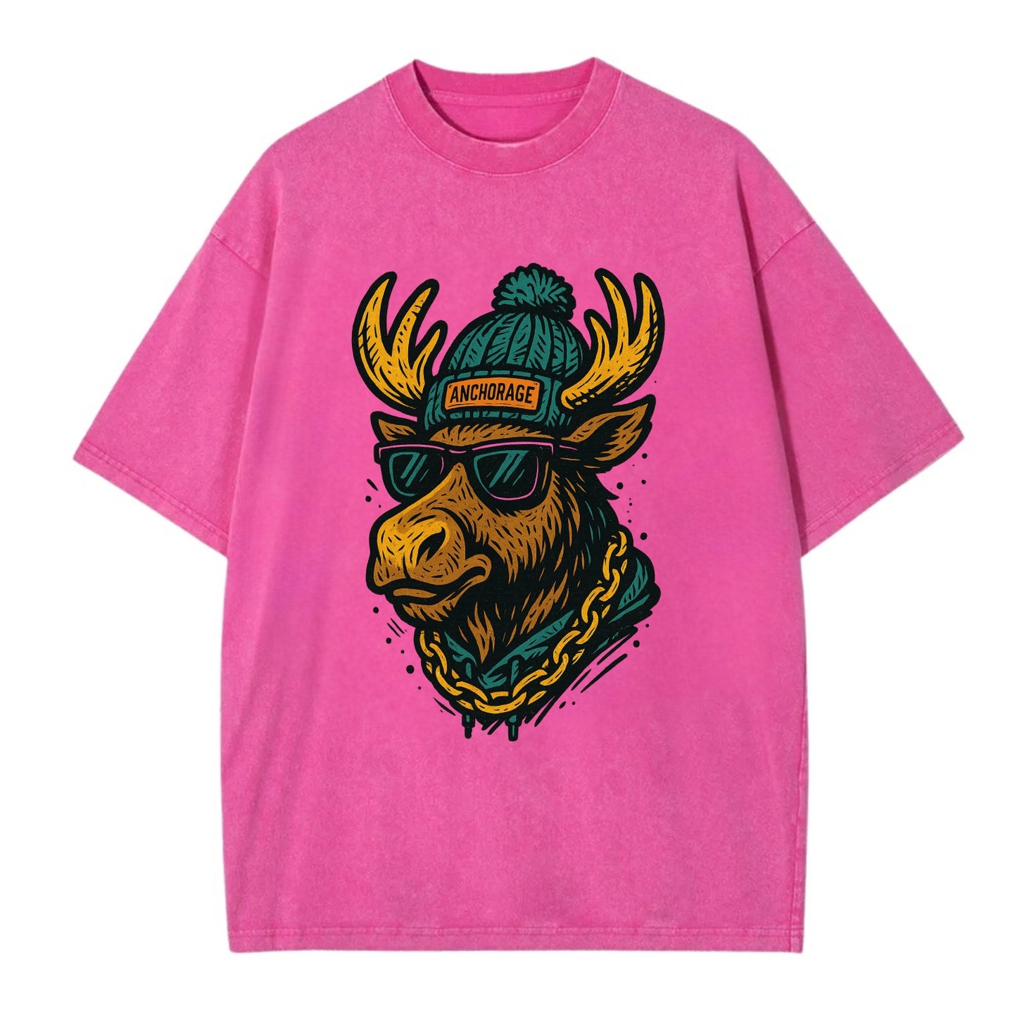 Alaska Moose wearing Anchorage beanie with pom pom and wayfarer sunglasses - Vintage T-shirt - Dusty Rose(Rose)