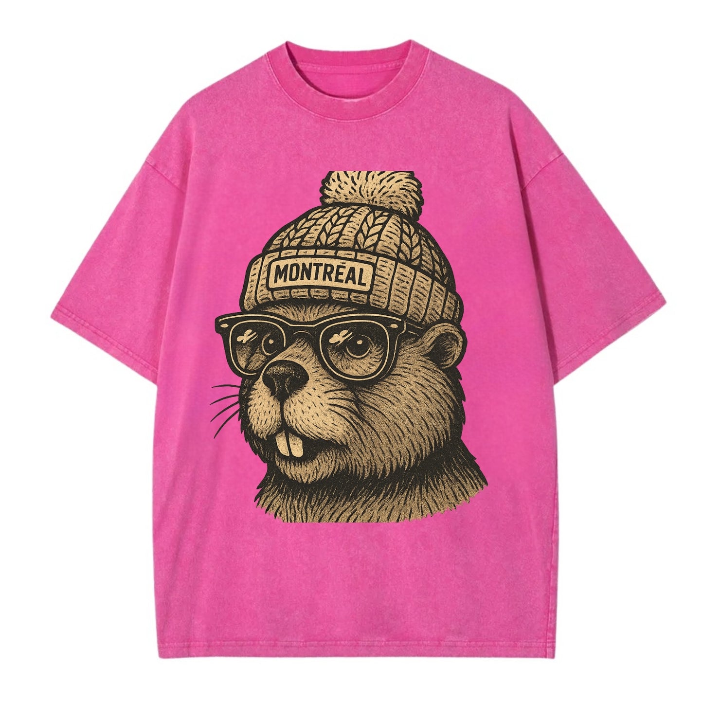 Montreal Beaver wearing Montreal beanie with pom pom and wayfarer sunglasses - Vintage T-shirt - Dusty Rose(Rose)