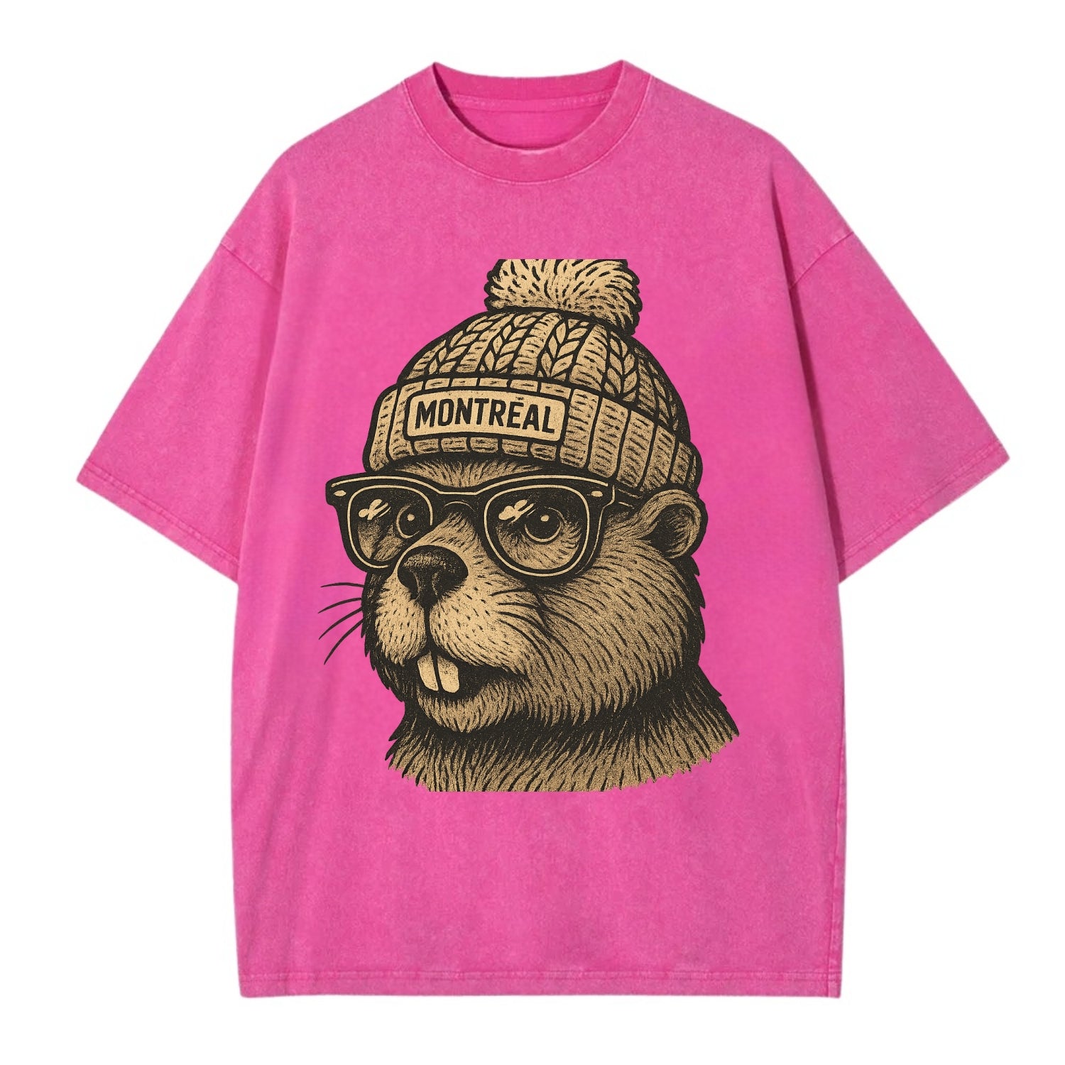 Montreal Beaver wearing Montreal beanie with pom pom and wayfarer sunglasses - Vintage T-shirt - Dusty Rose(Rose)