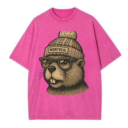 Montreal Beaver wearing Montreal beanie with pom pom and wayfarer sunglasses - Vintage T-shirt - Dusty Rose(Rose)