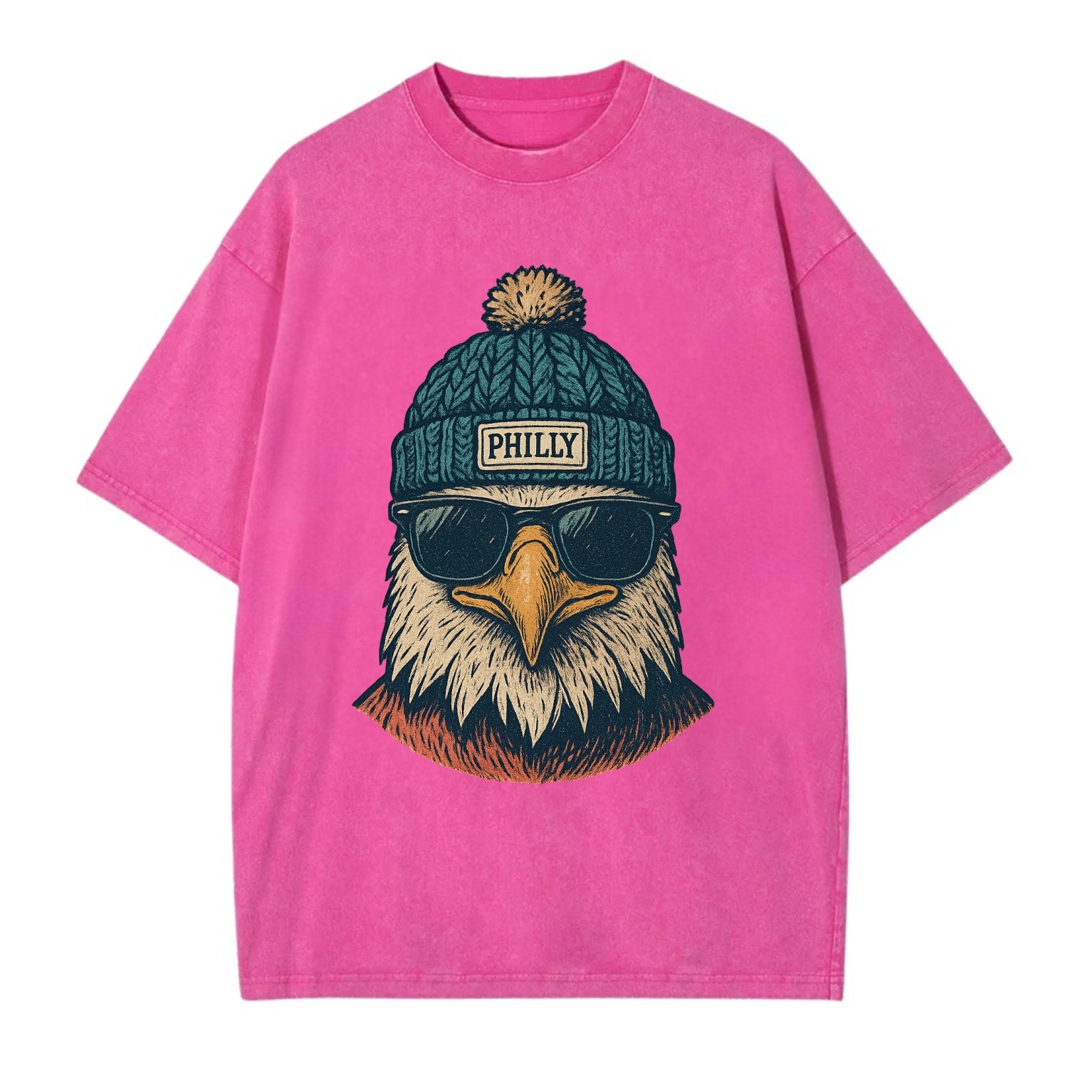 Philadelphia Eagle wearing Philly beanie with pom pom and wayfarer sunglasses - Vintage T-shirt - Dusty Rose(Rose)