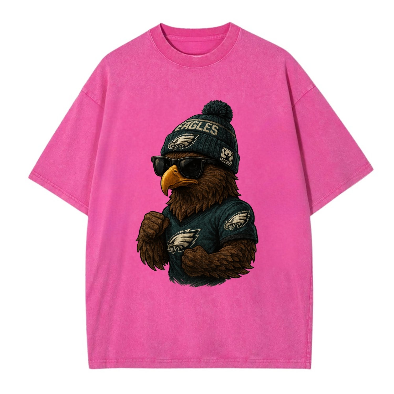 Philly Hawk wearing Eagles beanie with Rocky patch and wayfarer sunglasses - Vintage T-shirt - Dusty Rose(Rose)