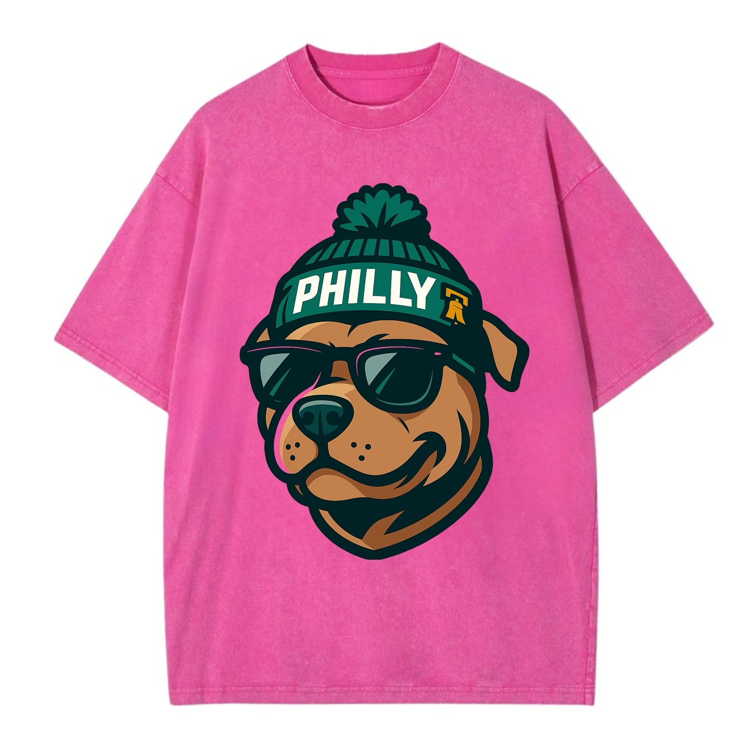 Philly Pitbull wearing Eagles beanie with Liberty Bell patch and wayfarer - Vintage T-shirt - Dusty Rose(Rose)