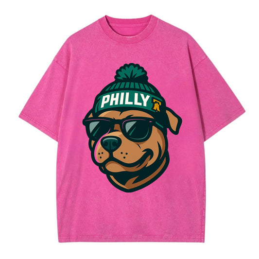 Philly Pitbull wearing Eagles beanie with Liberty Bell patch and wayfarer - Vintage T-shirt - Dusty Rose(Rose)