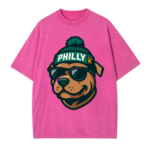Philly Pitbull wearing Eagles beanie with Liberty Bell patch and wayfarer - Vintage T-shirt