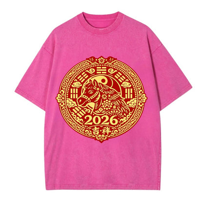 LUCKY HORSE MEDALLION | Circular medallion with horse profile | Intricate Chinese - Vintage T-shirt - Dusty Rose(Rose)