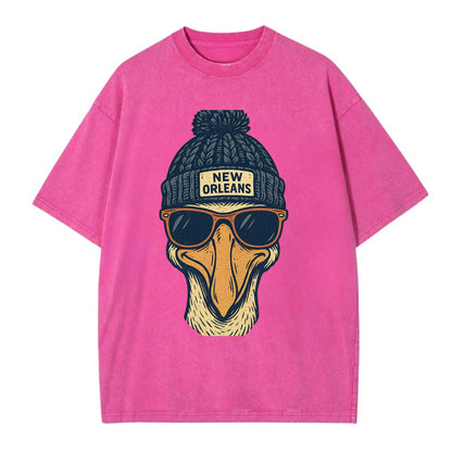 New Orleans Pelican wearing New Orleans beanie with pom pom and wayfarer - Vintage T-shirt - Dusty Rose(Rose)
