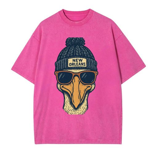 New Orleans Pelican wearing New Orleans beanie with pom pom and wayfarer - Vintage T-shirt