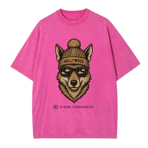LA Coyote wearing Hollywood beanie with pom pom and wayfarer sunglasses - Vintage T-shirt