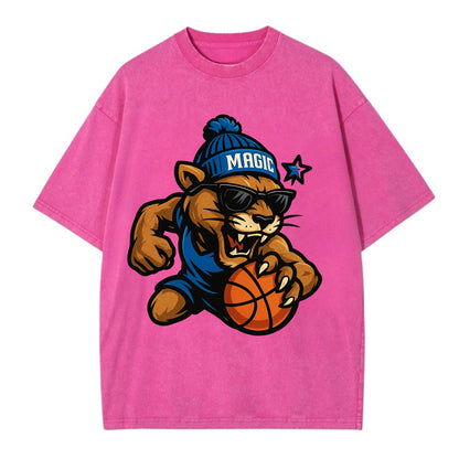 Florida Panther wearing Magic beanie with star wand patch and wayfarer sunglasses - Vintage T-shirt - Dusty Rose(Rose)