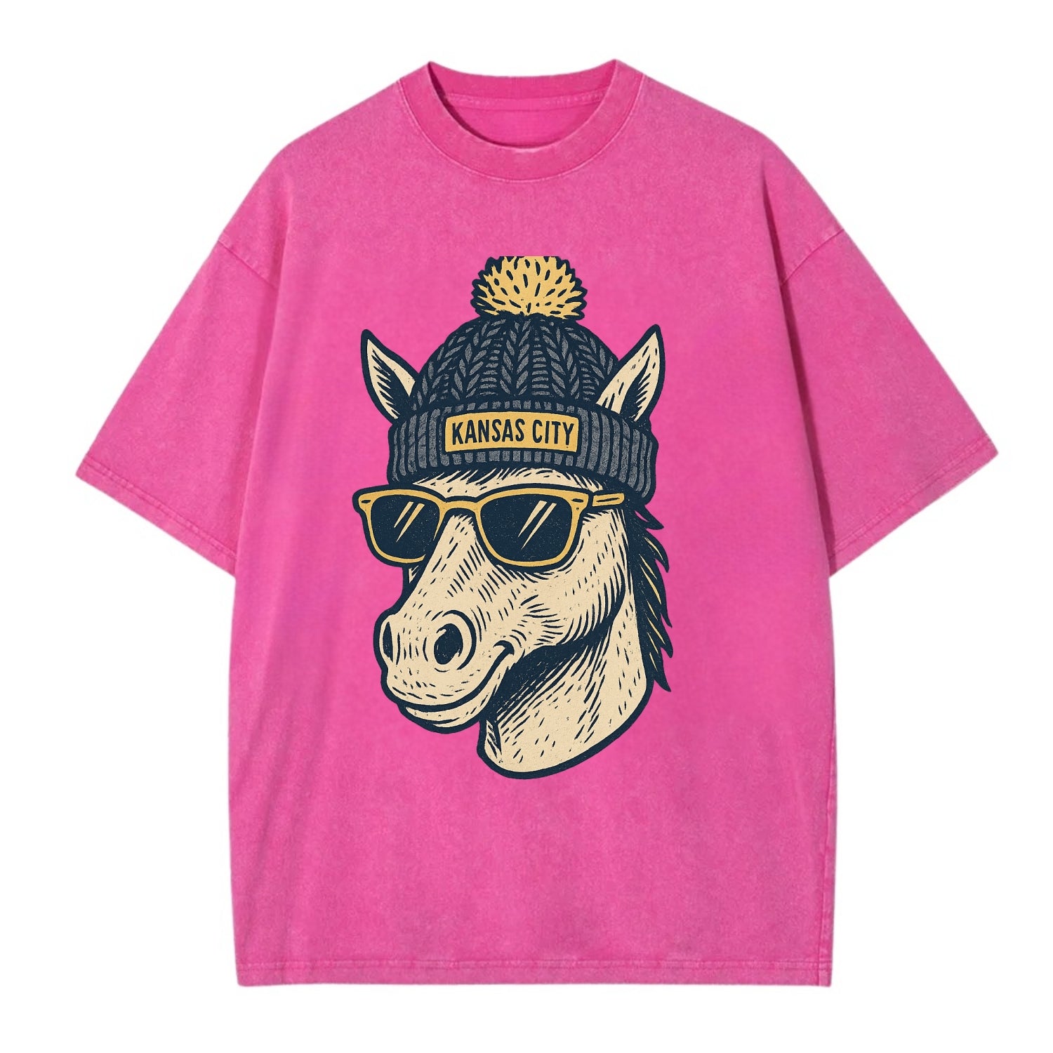 Missouri Mule wearing Kansas City beanie with pom pom and wayfarer sunglasses - Vintage T-shirt - Dusty Rose(Rose)