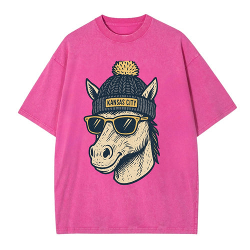 Missouri Mule wearing Kansas City beanie with pom pom and wayfarer sunglasses - Vintage T-shirt