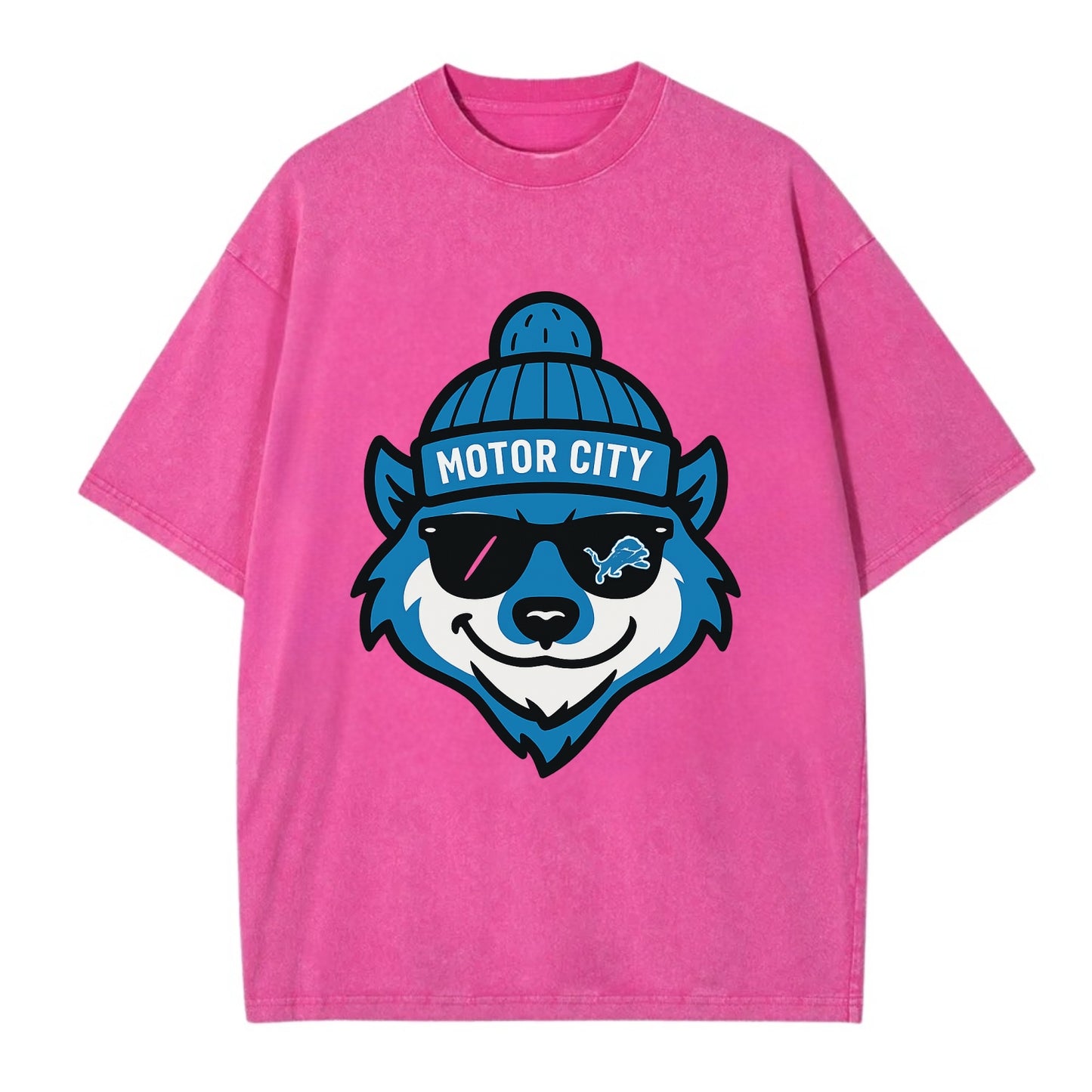 Motor City Wolverine wearing Lions beanie with gear patch and wayfarer sunglasses - Vintage T-shirt - Dusty Rose(Rose)