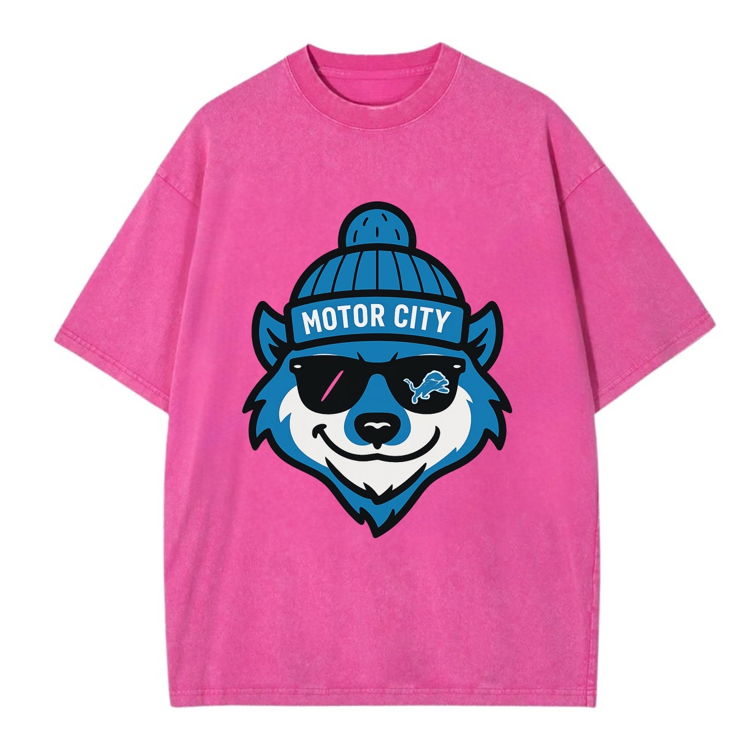 Motor City Wolverine wearing Lions beanie with gear patch and wayfarer sunglasses - Vintage T-shirt - Dusty Rose(Rose)
