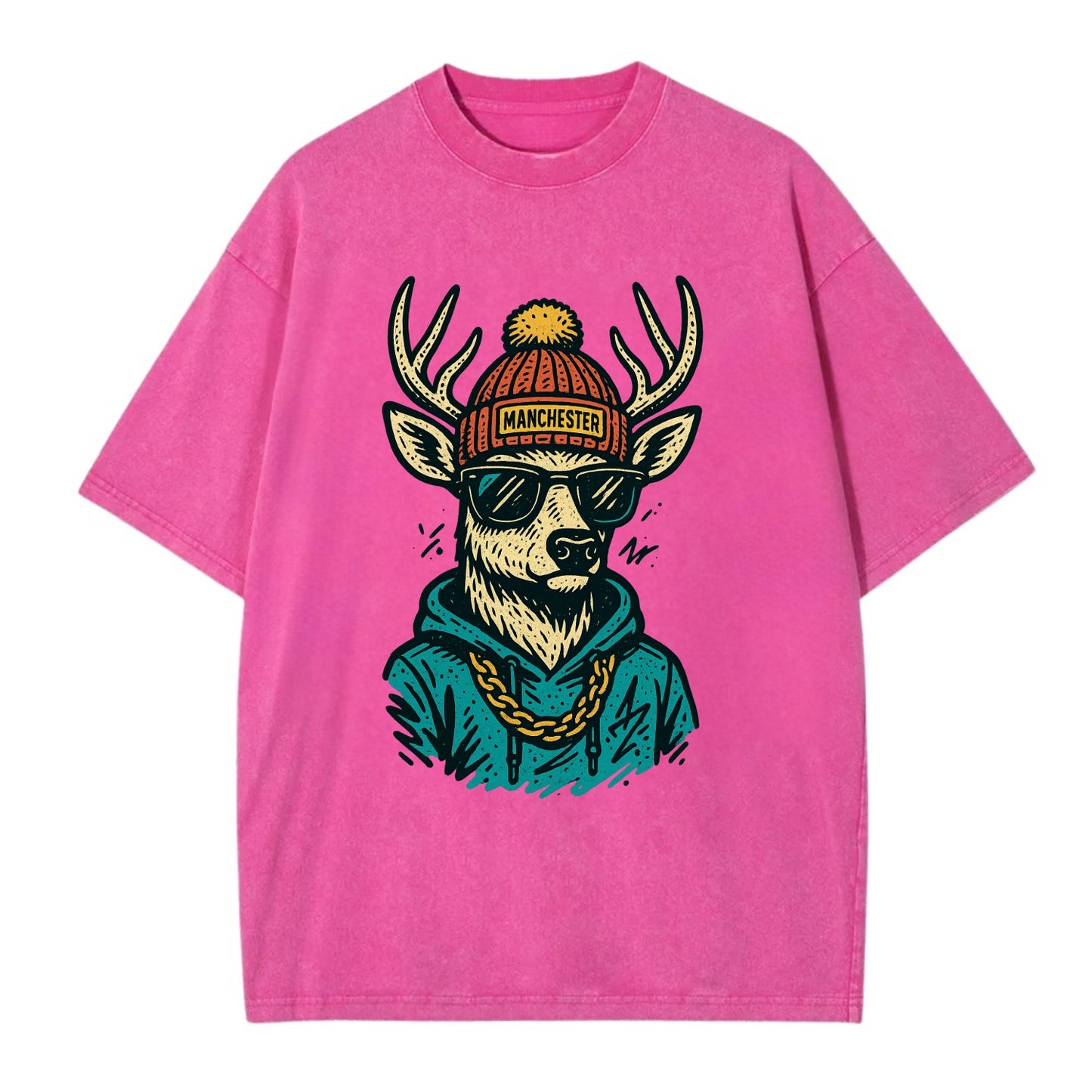 New Hampshire White-tailed Deer wearing Manchester beanie with pom pom and - Vintage T-shirt - Dusty Rose(Rose)