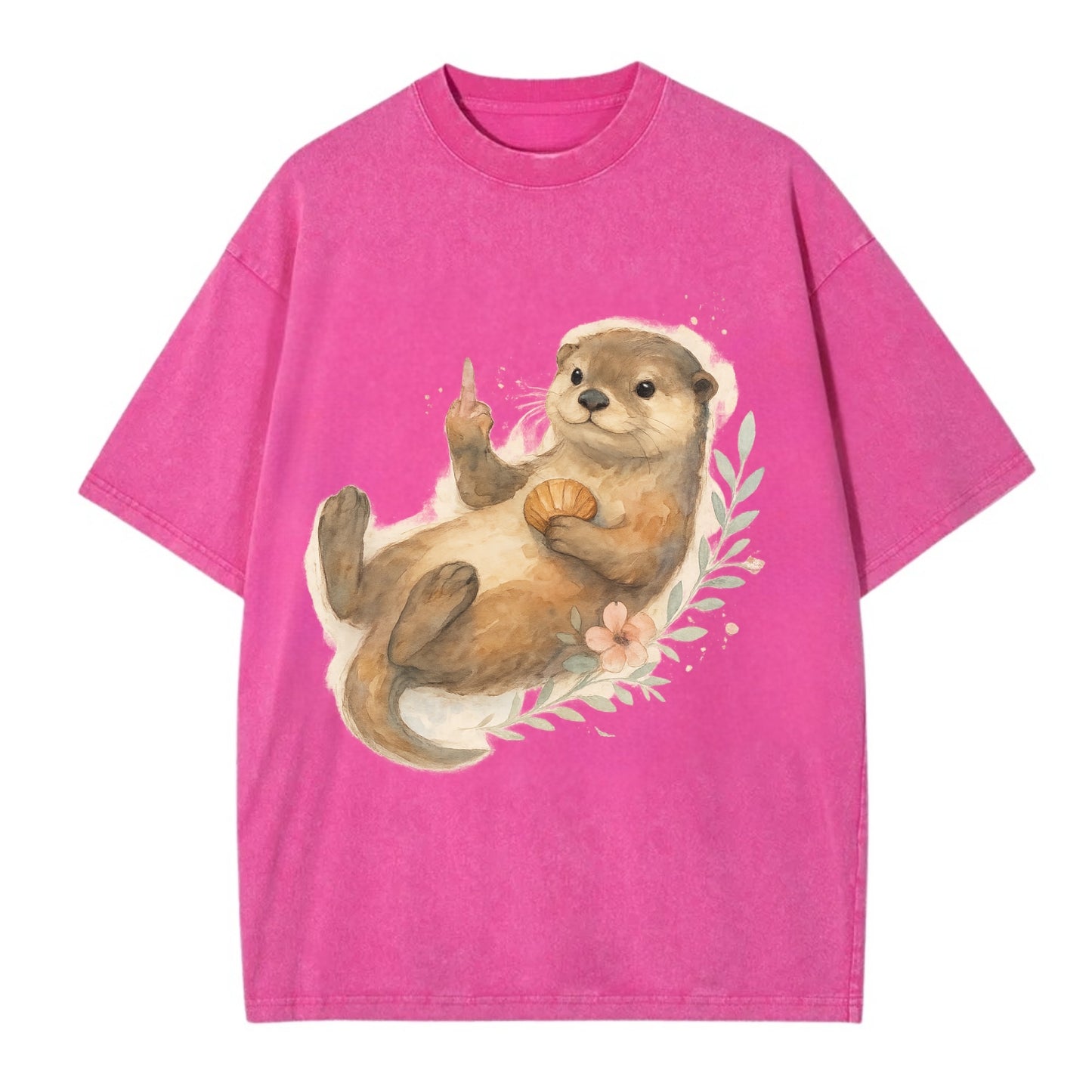 adorable otter floating on back, middle finger up while holding a shellfish - Vintage T-shirt - Dusty Rose(Rose)