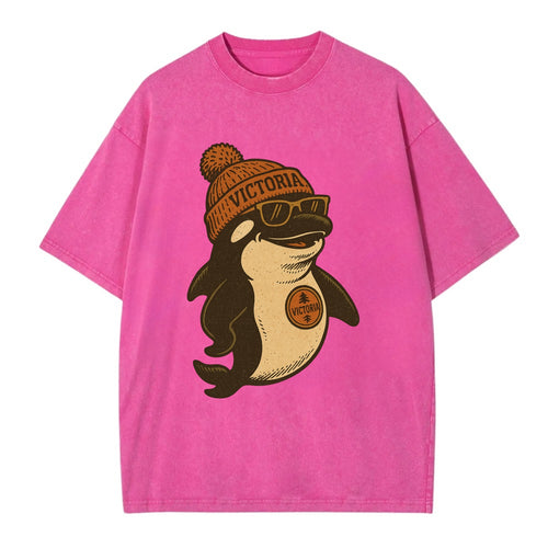 Victoria Orca wearing Victoria beanie with pom pom and wayfarer sunglasses - Vintage T-shirt