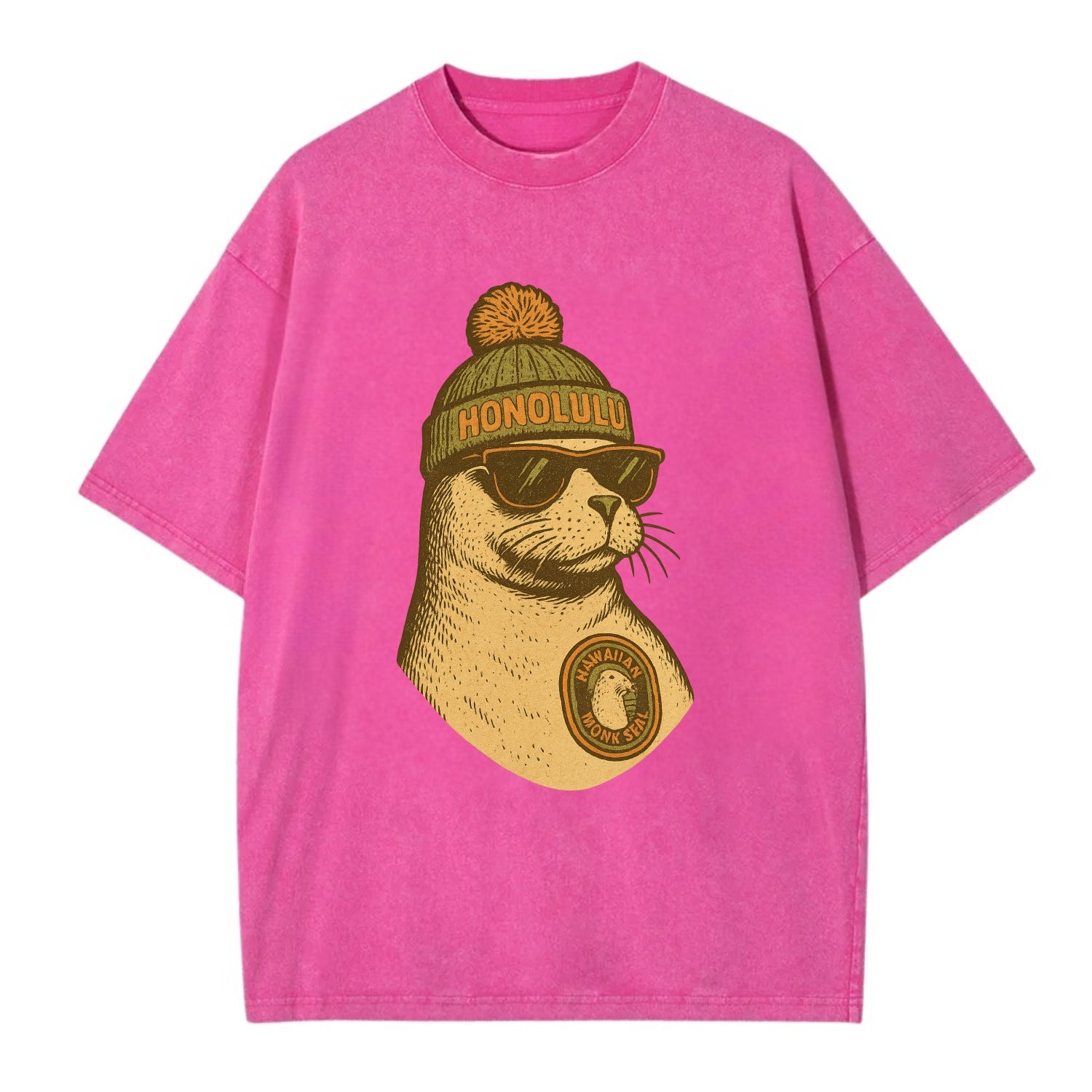 Hawaii Monk Seal wearing Honolulu beanie with pom pom and wayfarer sunglasses - Vintage T-shirt - Dusty Rose(Rose)