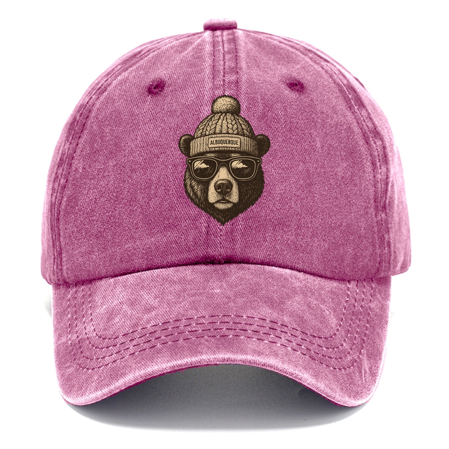 New Mexico Black Bear wearing Albuquerque beanie with pom pom and wayfarer sunglasses - Classic Cap - Dusty Rose(Rose)