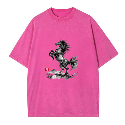 WILD STALLION | Powerful stallion rearing up | Windswept mane and tail | Mountain - Vintage T-shirt - Dusty Rose(Rose)