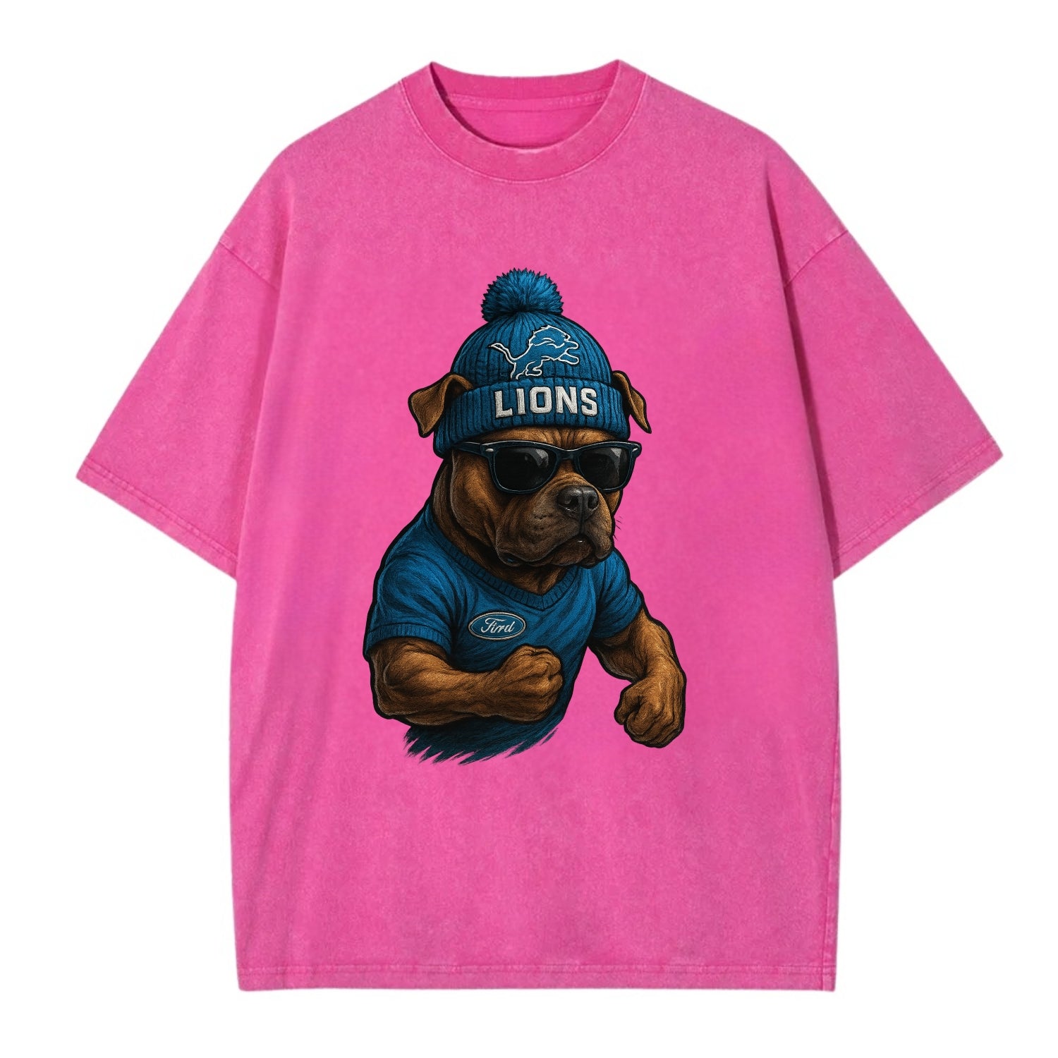 Detroit Pitbull wearing Lions beanie with auto patch and wayfarer sunglasses - Vintage T-shirt - Dusty Rose(Rose)