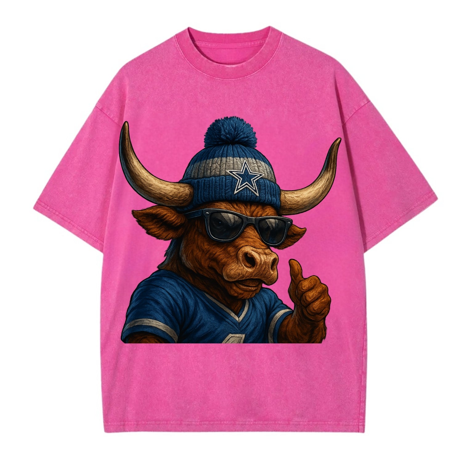 Texas Longhorn wearing Cowboys silver and blue beanie with star and wayfarer - Vintage T-shirt - Dusty Rose(Rose)