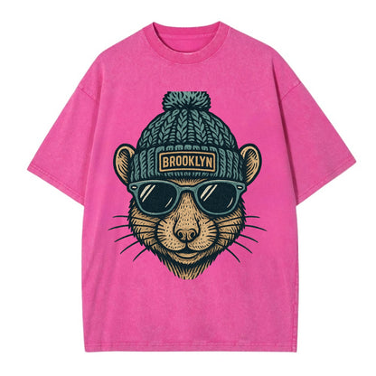 NYC Rat wearing Brooklyn beanie with pom pom and wayfarer sunglasses - Vintage T-shirt - Dusty Rose(Rose)