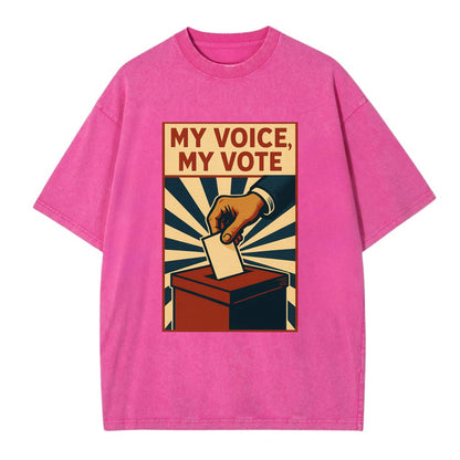 Hand dropping ballot into box with determination - "My Voice, My Vote" - - Vintage T-shirt - Dusty Rose(Rose)