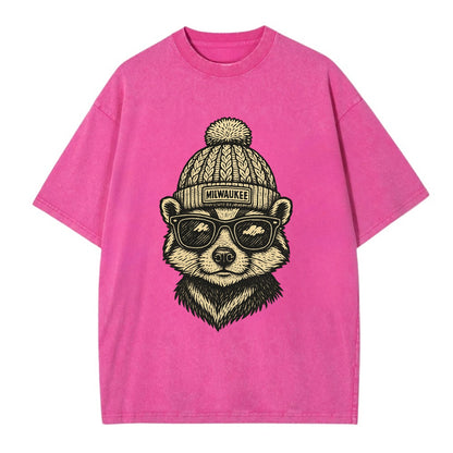 Wisconsin Badger wearing Milwaukee beanie with pom pom and wayfarer sunglasses - Vintage T-shirt - Dusty Rose(Rose)