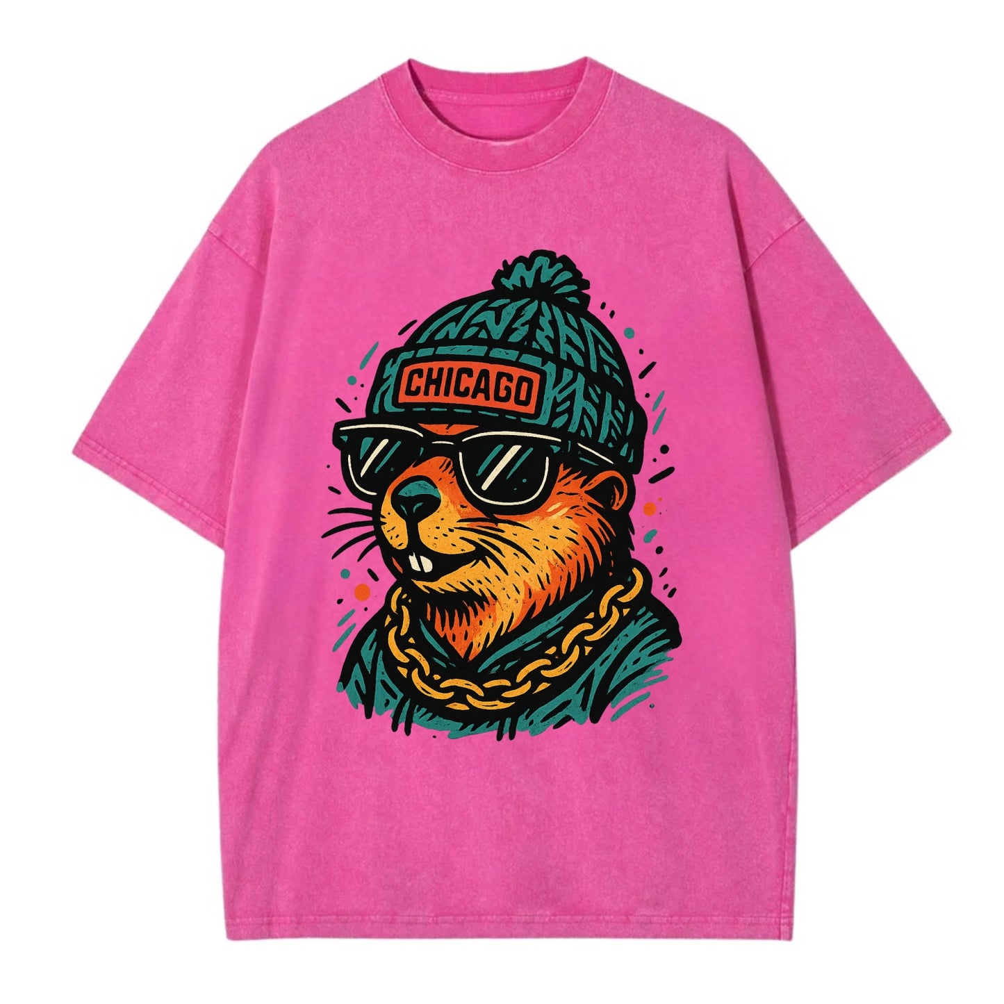 Illinois Prairie Dog wearing Chicago beanie with pom pom and wayfarer sunglasses - Vintage T-shirt - Dusty Rose(Rose)